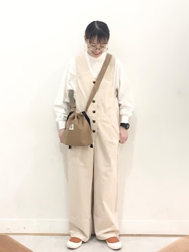 「coen（コーエン）のアイテム（オールインワン・サロペット）」を使った、coen よこやまさん（レディース・158cm）の夏コーディネート