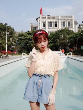 「VINTAGE（ヴィンテージ）のアイテム（シャツ/ブラウス、イエロー系）」を使った、zhuzhuさん（レディース・161cm）の夏コーディネート