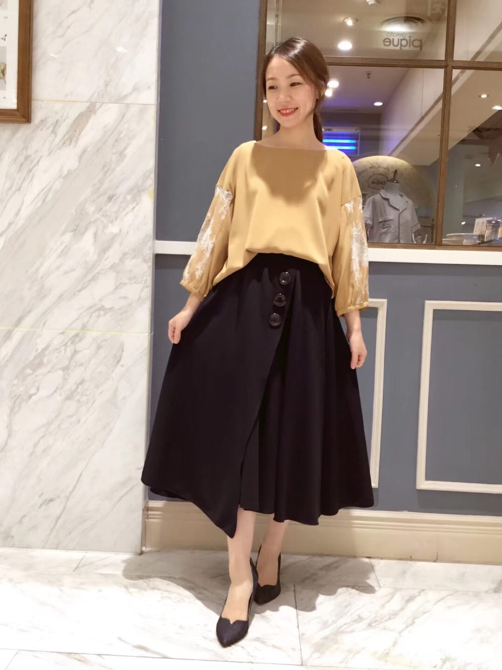 「Radiateのアイテム（スカート、ブルー系）」を使った、Maymayさん（レディース・150cm）の夏コーディネートの1枚目の写真