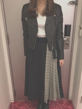 「グレンチェック」｜「アイテム（ライダースジャケット）」を使った、minaさん（レディース・161cm）の冬コーディネート
