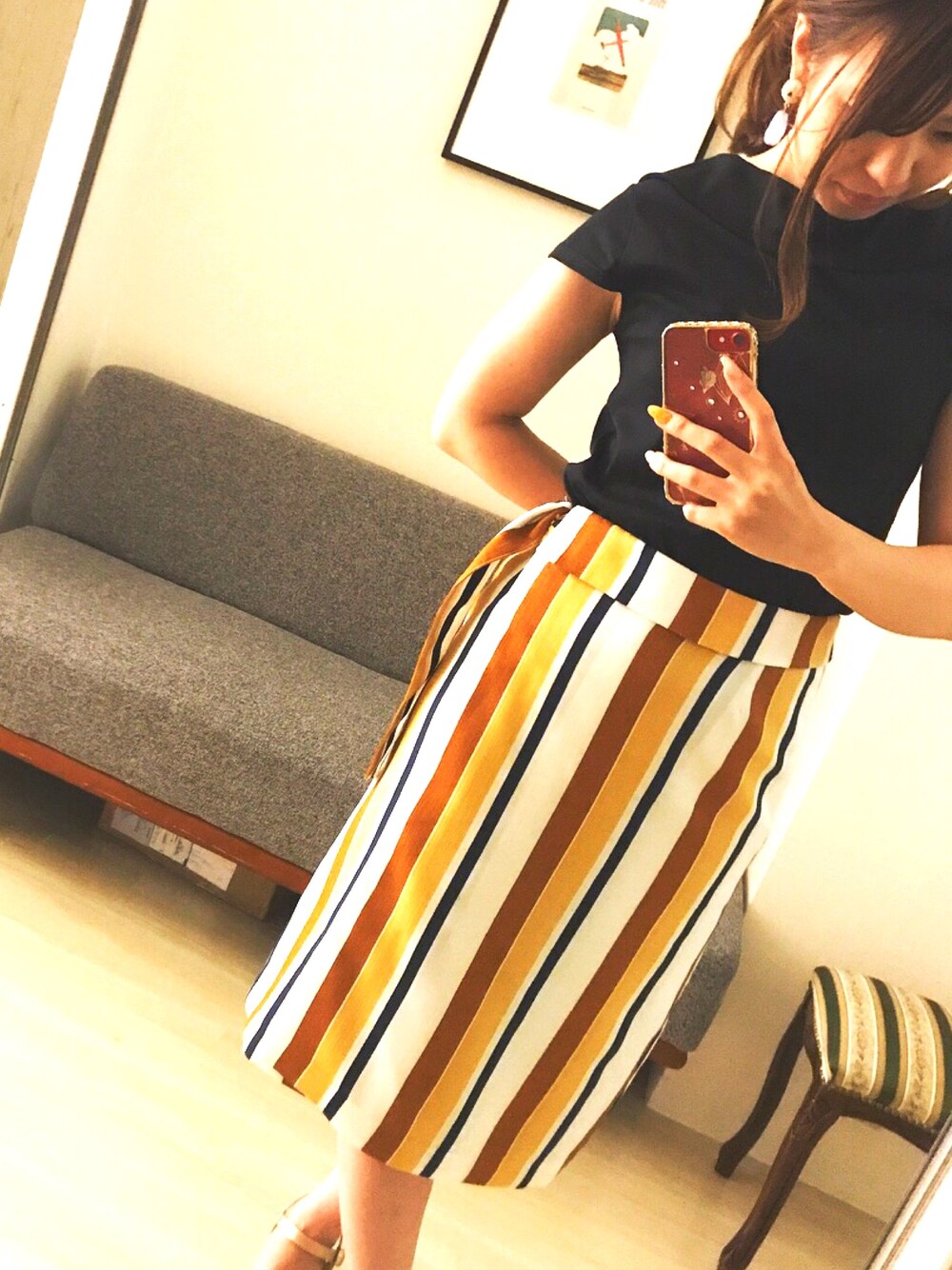 「きれいめカジュアル、ootd、オトナ女子、キレイめ、summer」｜「Rewdeのアイテム（スカート、イエロー系）」を使った、あちゃみさん（レディース・157cm）の夏コーディネートの1枚目の写真