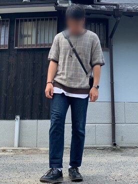 「春夏コーデ」｜「GU（ジーユー）のアイテム（ニット/セーター）」を使った、棚と棚のAIDAさん（メンズ・177cm）の夏コーディネート