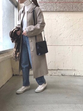 「アイテム（ステンカラーコート）」を使った、m'eさん（レディース・162cm・20代）の冬コーディネート