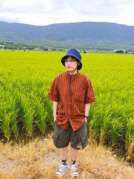 「plain-me（プレインミー）のアイテム（帽子）」を使った、33さん（メンズ・155cm）の春コーディネート