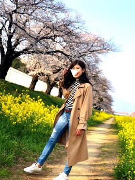 「花見」｜「アイテム（トレンチコート）」を使った、みるくさん（レディース・164cm）の春コーディネート