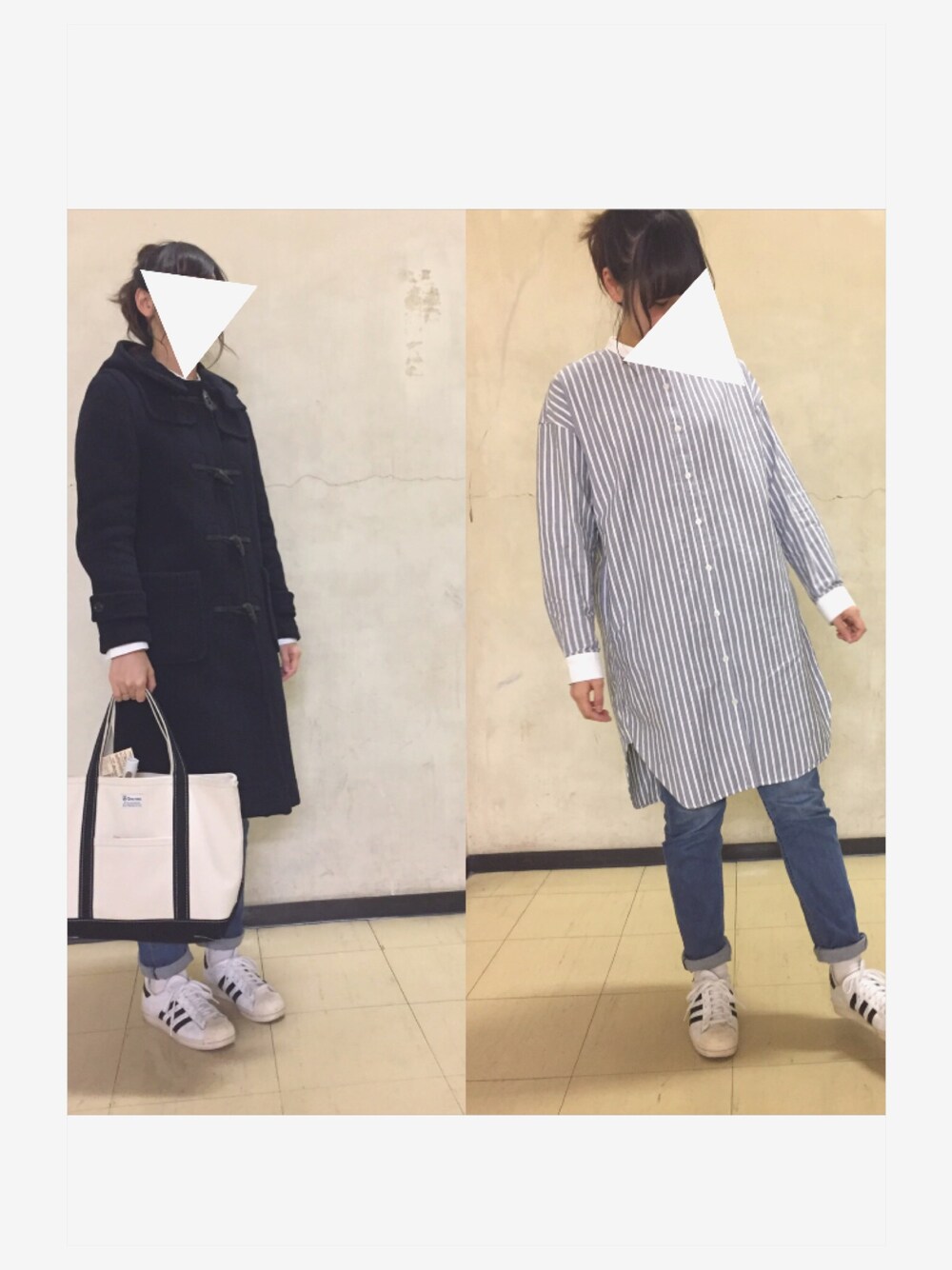 「無印良品、adidas originals、orcival、ダッフルコート、デニム、シャツワンピ、スニーカー」｜「LONDON TRADITIONの【LONDON TRADITION/ロンドントラディション】XLロングダッフル_#（ダッフルコート、ブルー系）」を使った、yaさん（レディース・163cm）の冬コーディネートの1枚目の写真