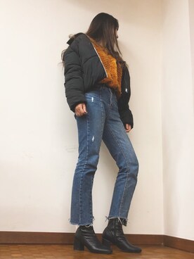 「select MOCA（セレクトモカ）の【GISELe4月号掲載】【GISELe12月号掲載】センタープレスストレートヘムラインカットオフダメージ加工デニム（デニムパンツ）」を使った、AKARIさん（レディース・163cm）の秋コーディネート