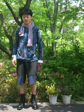 「Yohji Yamamoto POUR HOMME(ヨウジヤマモトプールオム)のyohji yamamoto pour homme 13aw?(ブーツ、ブラック系)」を使った、Masaaki Moriさん(メンズ・165cm)の夏コーディネート