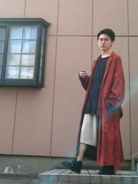 「sulvam(サルバム)の17aw ゴートレザーコート(ジャケット/アウター、ブラウン系)」を使った、Masaaki Moriさん(メンズ・165cm)の秋コーディネート