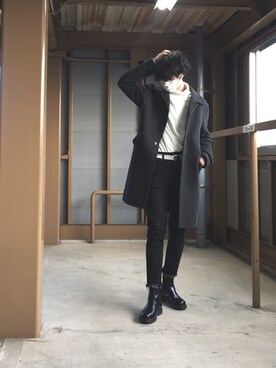 「COMME CA ISM（コムサイズム）のアイテム（チェスターコート）」を使った、K☺︎ さん（メンズ・175cm）の冬コーディネート
