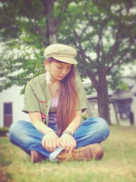 「アイテム（帽子）」を使った、püfuさん（レディース・157cm）の春コーディネート