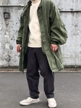 「UNIQLO U」｜「アイテム（モッズコート）」を使った、やまさんさん（メンズ・165cm）の冬コーディネート