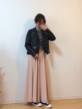 「スカーチョ」｜「アイテム（ライダースジャケット）」を使った、mikaさん（レディース・155cm）の春コーディネート