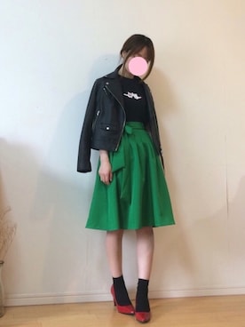 「誕生日」｜「アイテム（ライダースジャケット）」を使った、mikaさん（レディース・155cm）の春コーディネート