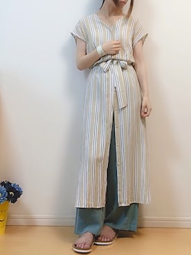 「スリットパンツ」｜「アイテム（シャツワンピース）」を使った、mikaさん（レディース・155cm）の夏コーディネート