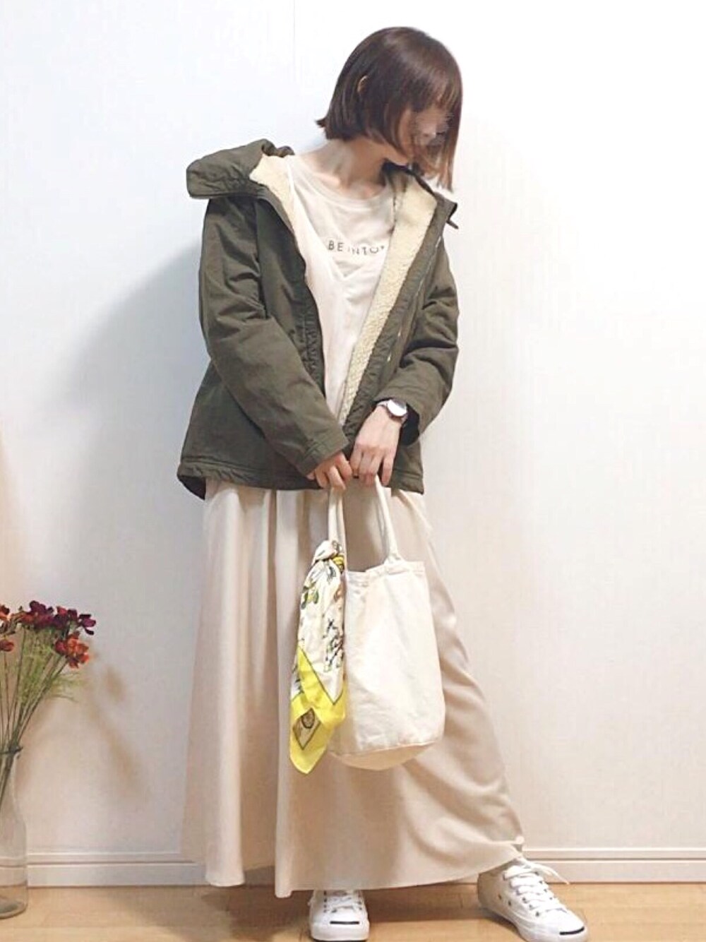 「PR、themorningafterZOZOTOWN、themorningafter2015、NANEA、auntmarie's 、アントマリーズ、KERBHOLZ、カーキアウター、サテン、腕時計」｜「THE MORNING AFTERの高密度コットンナイロン ジップアップブルゾン（ブルゾン、グリーン系）」を使った、mikaさん（レディース・155cm）の秋コーディネートの1枚目の写真