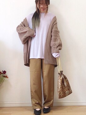 「Chaco closet（チャコ クローゼット）のケーブル編みニットボリュームスリーブルーズカーディガン（カーディガン/ボレロ）」を使った、mikaさん（レディース・155cm）の冬コーディネート