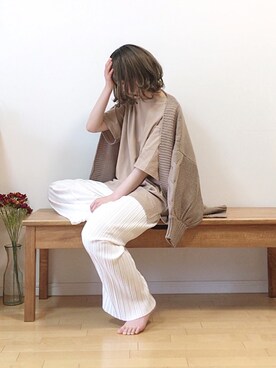 「Chaco closet（チャコ クローゼット）のケーブル編みニットボリュームスリーブルーズカーディガン（カーディガン/ボレロ）」を使った、mikaさん（レディース・155cm）の春コーディネート