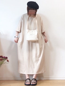 「Chaco closet（チャコ クローゼット）のバルーンスリーブ7分袖ポケット付きミニ裏毛Aラインスウェットワンピース（ワンピース）」を使った、mikaさん（レディース・155cm）の夏コーディネート