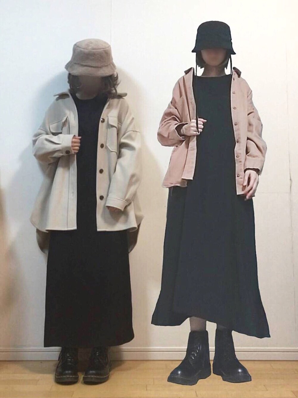 ベージュ系のカバーオール、ブラック系のスカート、ブラック系のTシャツ/カットソーを着用したレディースの秋コーディネートの1枚目の写真