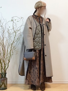 「パイピングコート」｜「アイテム（ハンチング/ベレー帽）」を使った、mikaさん（レディース・155cm）の冬コーディネート