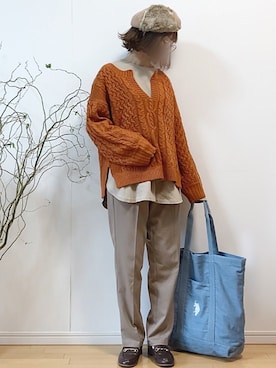 「キーネック」｜「アイテム（ハンチング/ベレー帽）」を使った、mikaさん（レディース・155cm）の冬コーディネート