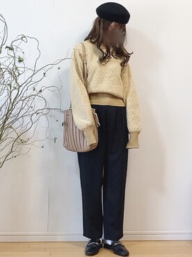 「プリーツバッグ」｜「アイテム（帽子）」を使った、mikaさん（レディース・155cm）の冬コーディネート