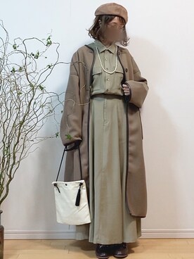 「シャツワンピ」｜「アイテム（ノーカラーコート）」を使った、mikaさん（レディース・155cm）の冬コーディネート