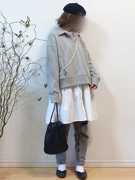 「スキッパーシャツ」｜「アイテム（ハンチング/ベレー帽）」を使った、mikaさん（レディース・155cm）の春コーディネート