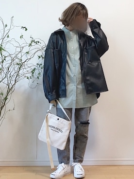 「シャツジャケット」｜「アイテム（ライダースジャケット）」を使った、mikaさん（レディース・155cm）の春コーディネート