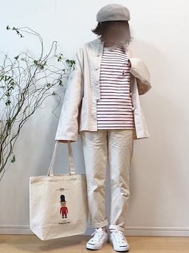 「セットアップ風」｜「アイテム（ノーカラージャケット）」を使った、mikaさん（レディース・155cm）の春コーディネート