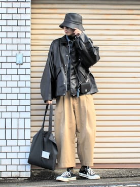 「RYO TAKASHIMA（リョウタカシマ）のアイテム（ライダースジャケット）」を使った、月さん（メンズ・177cm）の冬コーディネート