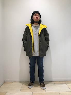 「MANASTASH（マナスタッシュ）のアイテム（ダウンジャケット/コート）」を使った、Kato Taroさん（メンズ・164cm）の冬コーディネート