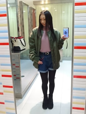 「くすみピンク」｜「アイテム（MA-1）」を使った、yayoさん（レディース・153cm）の冬コーディネート