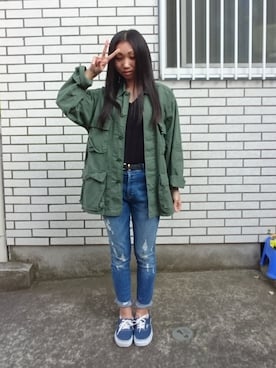 「アイテム（ミリタリージャケット）」を使った、yayoさん（レディース・153cm）の春コーディネート