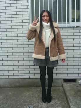 「グレンチェック」｜「アイテム（ムートンコート）」を使った、yayoさん（レディース・153cm）の冬コーディネート