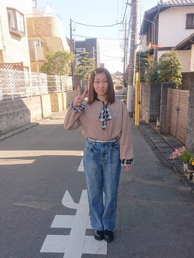 「ボウタイ」｜「アイテム（スウェット）」を使った、yayoさん（レディース・153cm）の春コーディネート