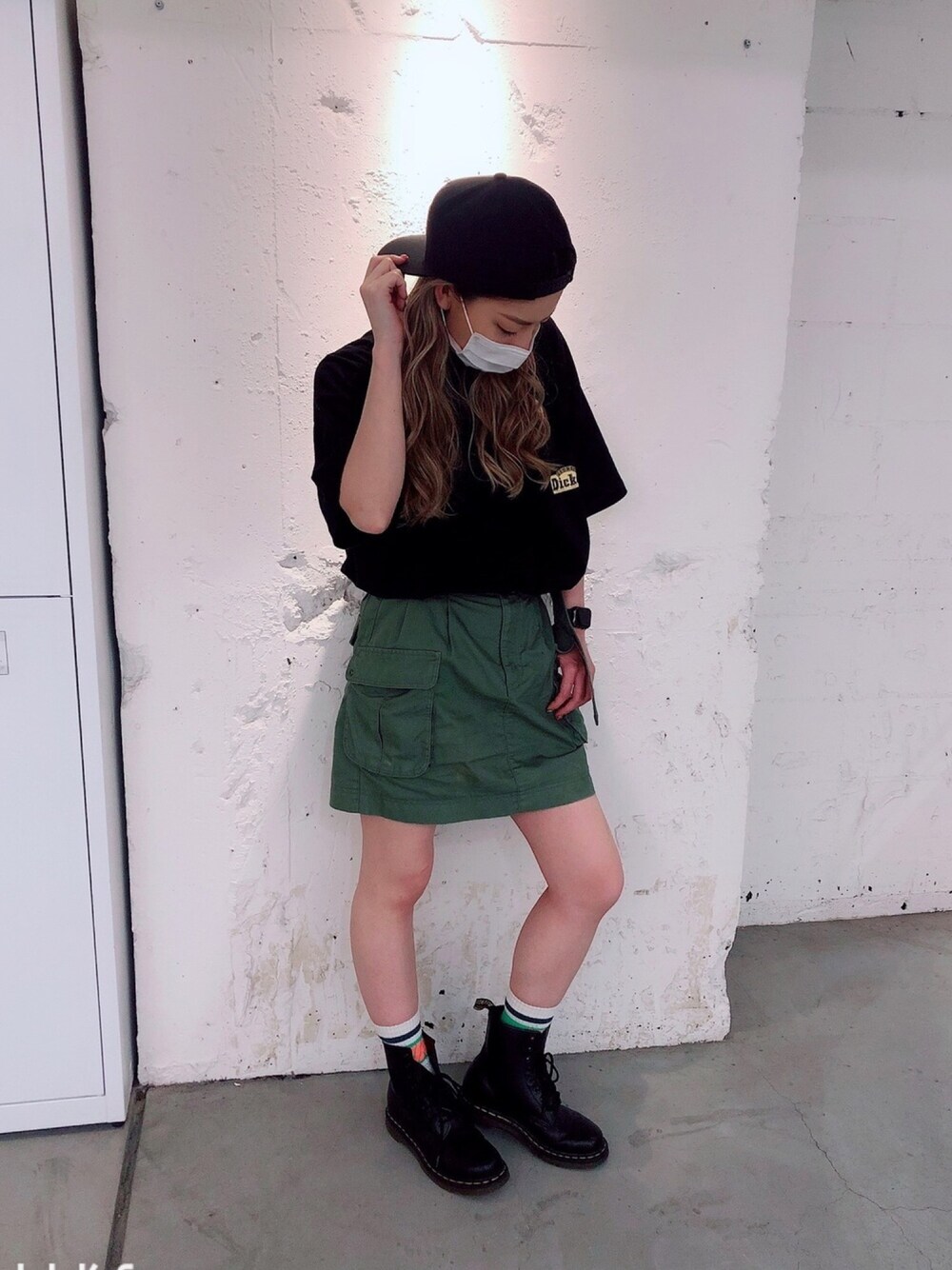 「メンズライク、スケータースタイル、ストリート、NIKE、brixton、スカート、キャップ、古着、古着MIX、おしゃれさんと繋がりたい」｜「古着のアイテム（スカート、グリーン系）」を使った、MOMOKAさん（レディース・160cm）の夏コーディネートの1枚目の写真