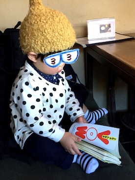 「PETIT BATEAU（プチバトー）のアイテム（サロペット/オーバーオール）」を使った、たろさん（キッズ・80cm）の冬コーディネート