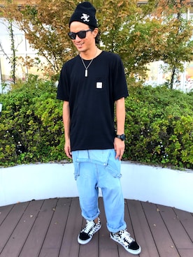 「HUF」｜「アイテム（オールインワン・サロペット）」を使った、魔裟さん（メンズ・180cm）の秋コーディネート
