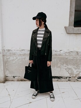 「CECIL McBEE（セシルマクビー）のアイテム（ライダースジャケット）」を使った、謝雅瑩さん（レディース・163cm）の冬コーディネート