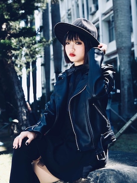 「NET（ネット）のアイテム（ライダースジャケット）」を使った、蔡涵さん（レディース・156cm）の春コーディネート