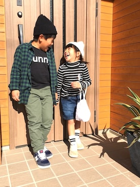 「きょうだい」｜「アイテム（ニットキャップ/ビーニー）」を使った、ha.ra.chanさん（キッズ・100cm）の冬コーディネート
