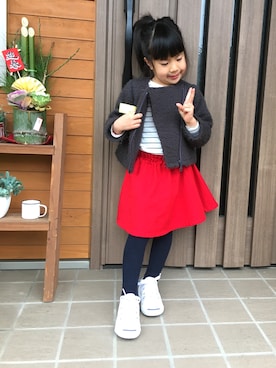 「アイテム（ライダースジャケット、グレー系）」を使った、ha.ra.chanさん（キッズ・100cm）の冬コーディネート