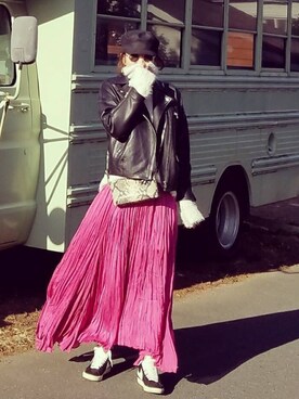 「BLACK BY MOUSSY（ブラックバイマウジー）のアイテム（ライダースジャケット）」を使った、chiiさん（レディース・167cm）の春コーディネート
