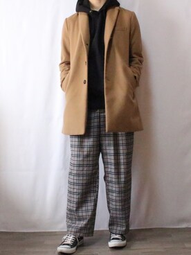 「INHERIT（インヘリット）のアイテム（チェスターコート）」を使った、takuさん（メンズ・177cm）の冬コーディネート