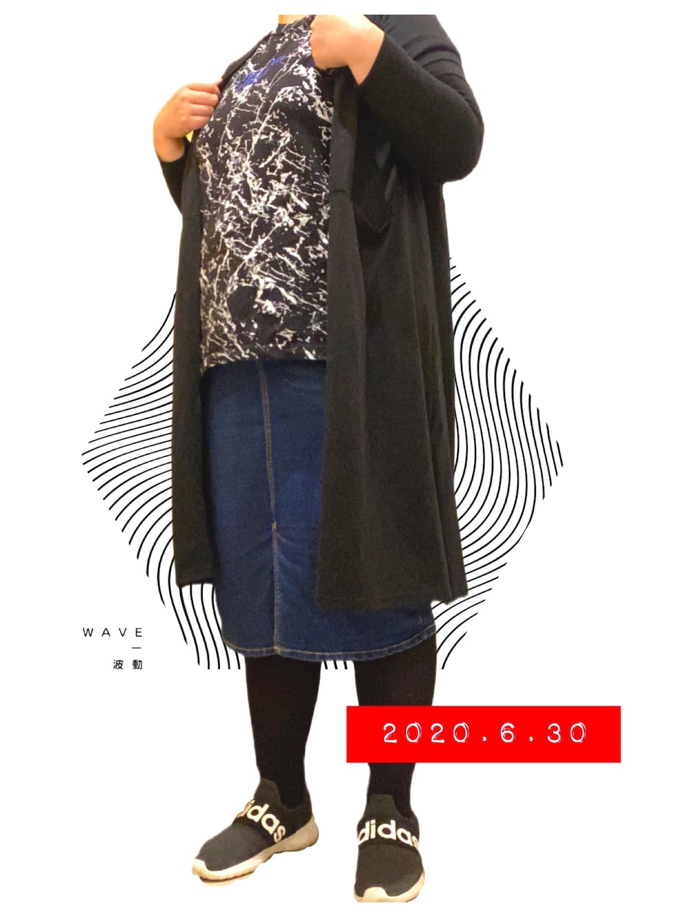 「ロングカーディガン、プリントT、デニムスカート、adidas、イーザッカマニアストアーズ、Avail、しまむら、アラフォー、カジュアル」｜「e-zakkamania storesのアイテム（カーディガン/ボレロ、ブラック系）」を使った、PSYCHOｻｲｺちゃんさん（レディース・165cm）の夏コーディネートの1枚目の写真