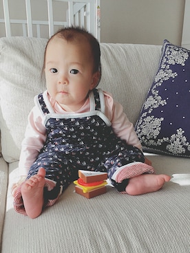 「PETIT BATEAU（プチバトー）のアイテム（サロペット/オーバーオール）」を使った、pochotaroさん（キッズ・90cm）の秋コーディネート