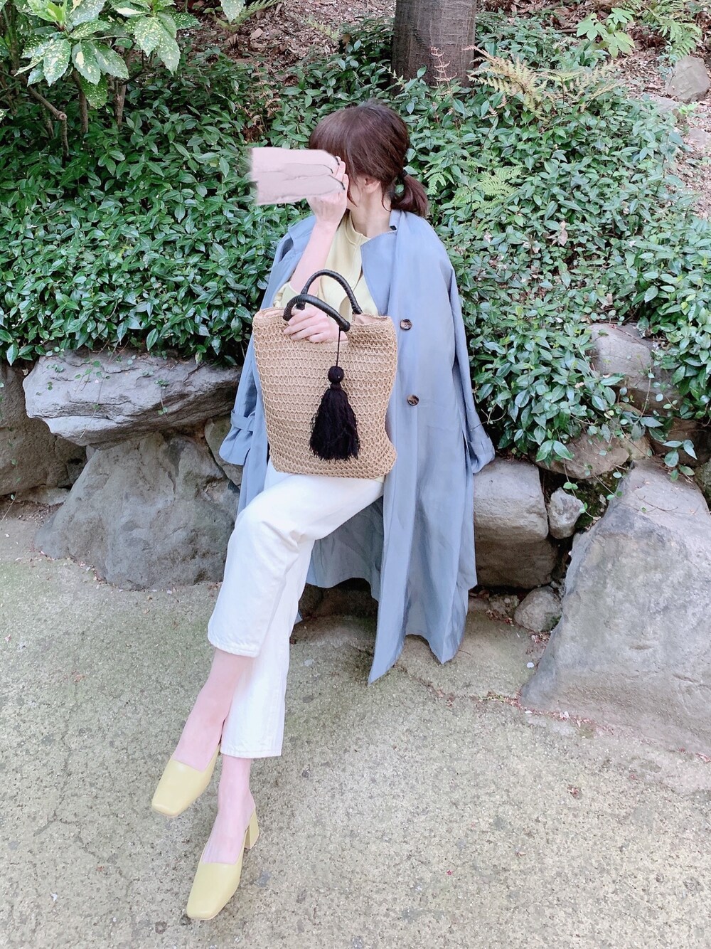 「しまむら、しまむらコーデ、しまパト、マルチウェイ、ピスタチオ、トレンチコート、かごバッグ、coca、GRL」｜「Social GIRLのシースルーシアースプリングコート（トレンチコート、ブルー系）」を使った、minmin08_さん（レディース・160cm）の春コーディネートの1枚目の写真
