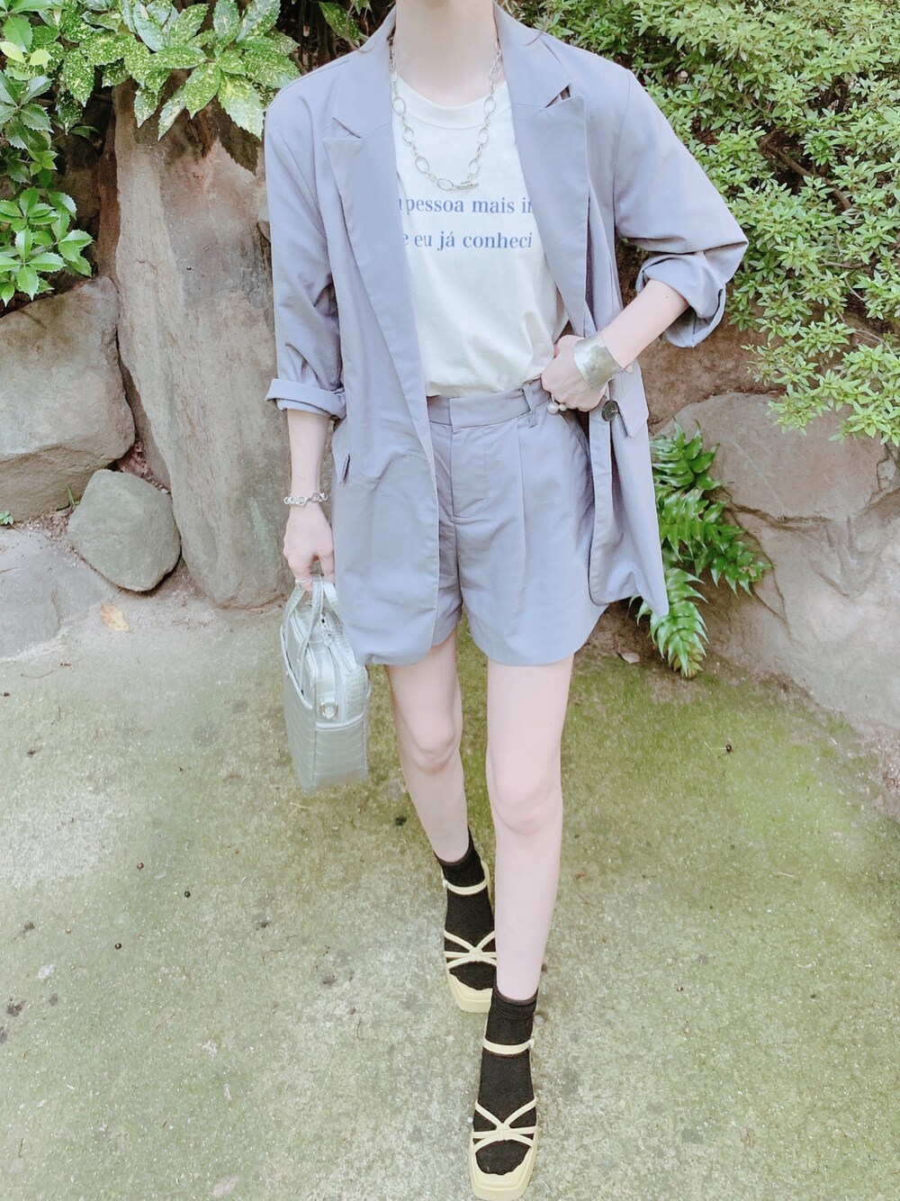 「しまむら、しまむらコーデ、しまパト、terawearemu、シルバー、ピスタチオ、セットアップ、ショートパンツ、夏コーデ、プチプラ」｜「GRLのアイテム（スーツセット、ブルー系）」を使った、minmin08_さん（レディース・160cm）の夏コーディネートの1枚目の写真